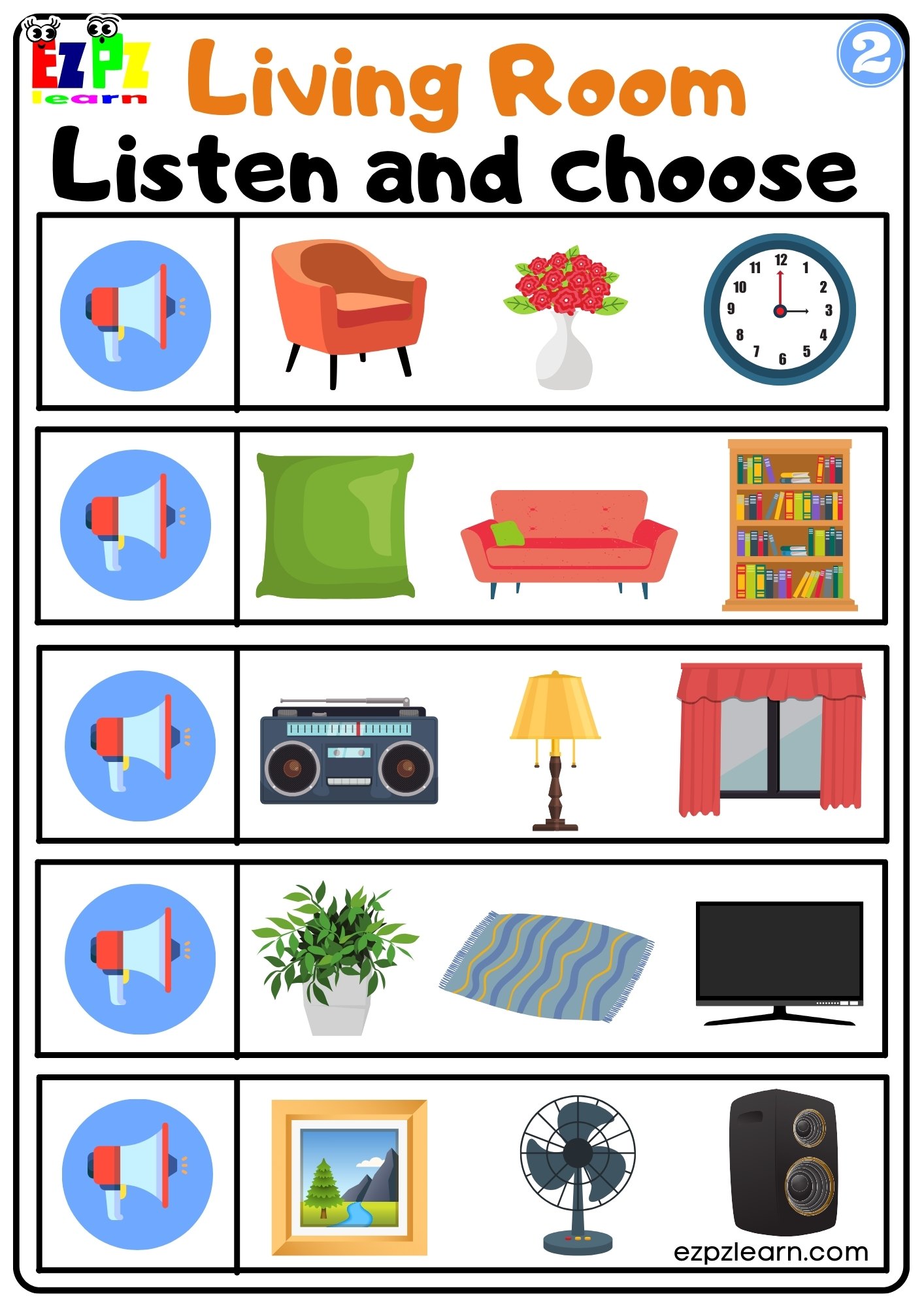 Living Room Vocabulary Interactive Worksheet Listen and Choose the